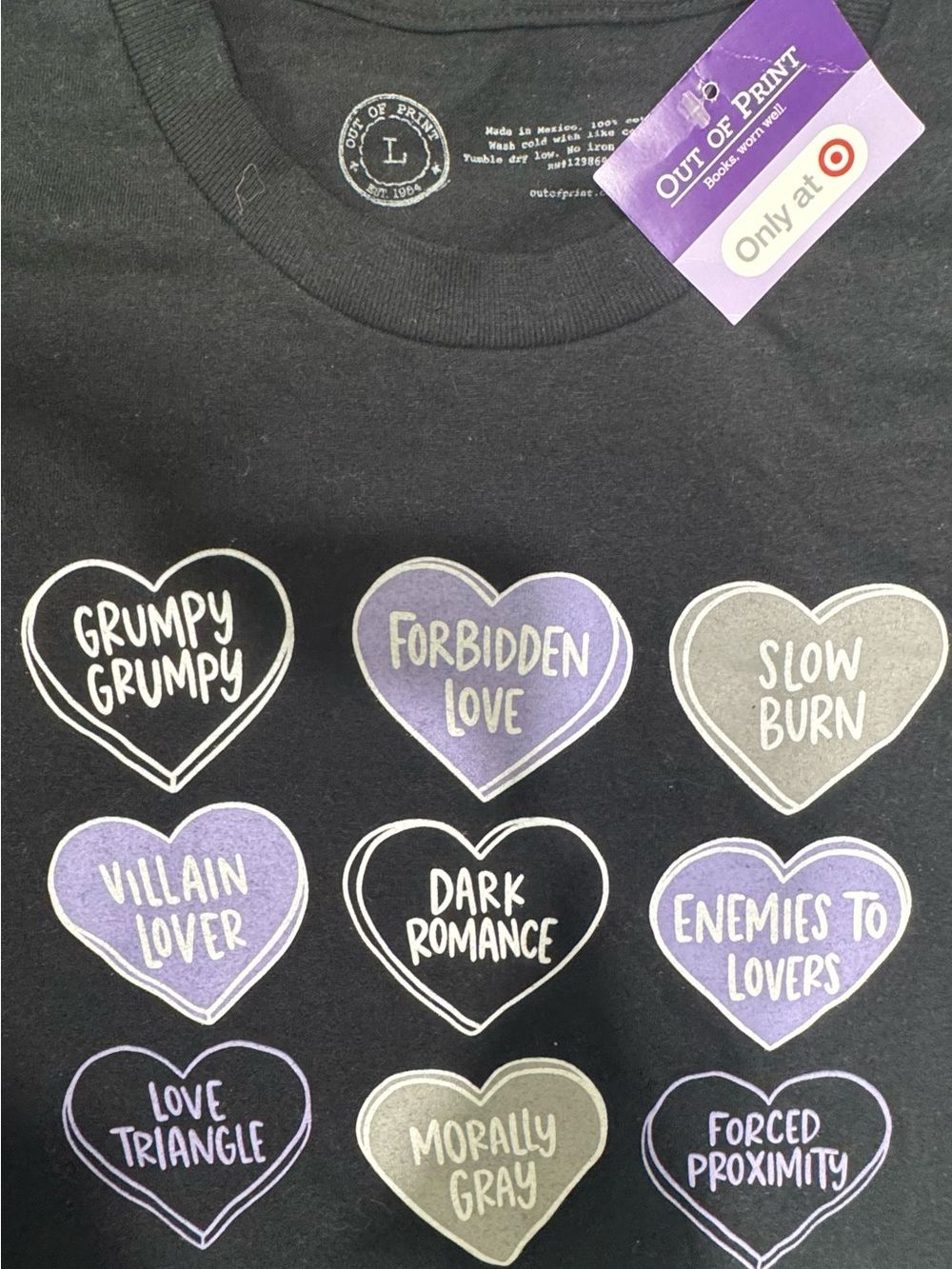 Out of Print Black Tee with Lavender & Gray Heart Sayings